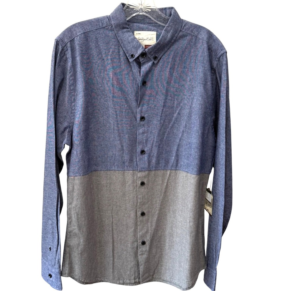 Sovereign Code Bolt Button Down Men Medium Navy Charcoal NEW Colorblock Chambray